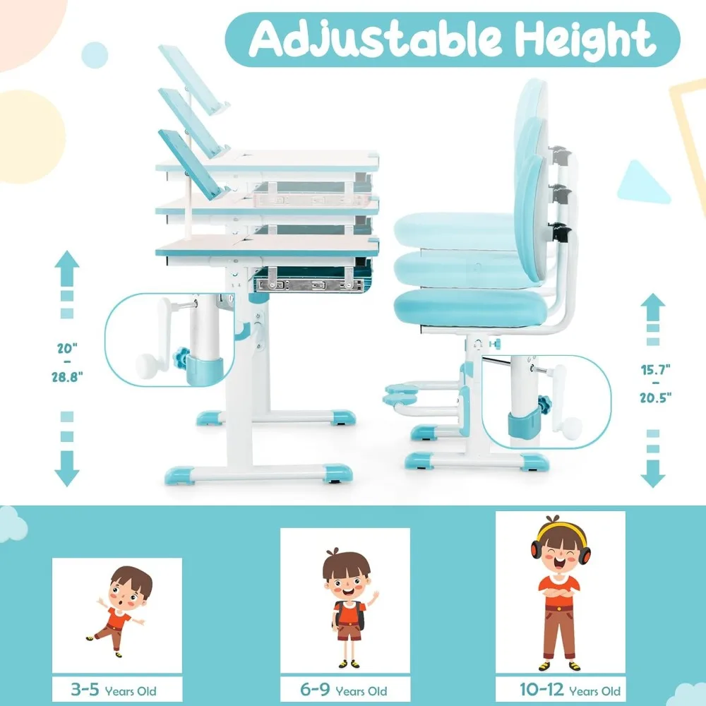 Kids Desk and Chair Set, Height-Adjustable Student Study Desk with Tiltable Desktop, Book Stand, Ergonomic Chair with Footrest 2