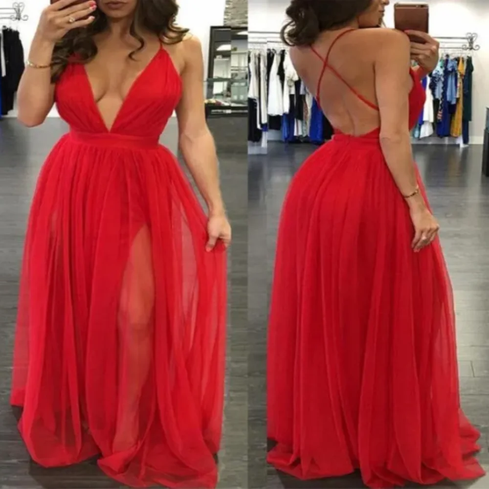 

Plunging V Neck Backless Prom Dress All Red Tulle Floor Length Spaghetti Straps Beach Fashion Cross Bohemian Long Evening Dress