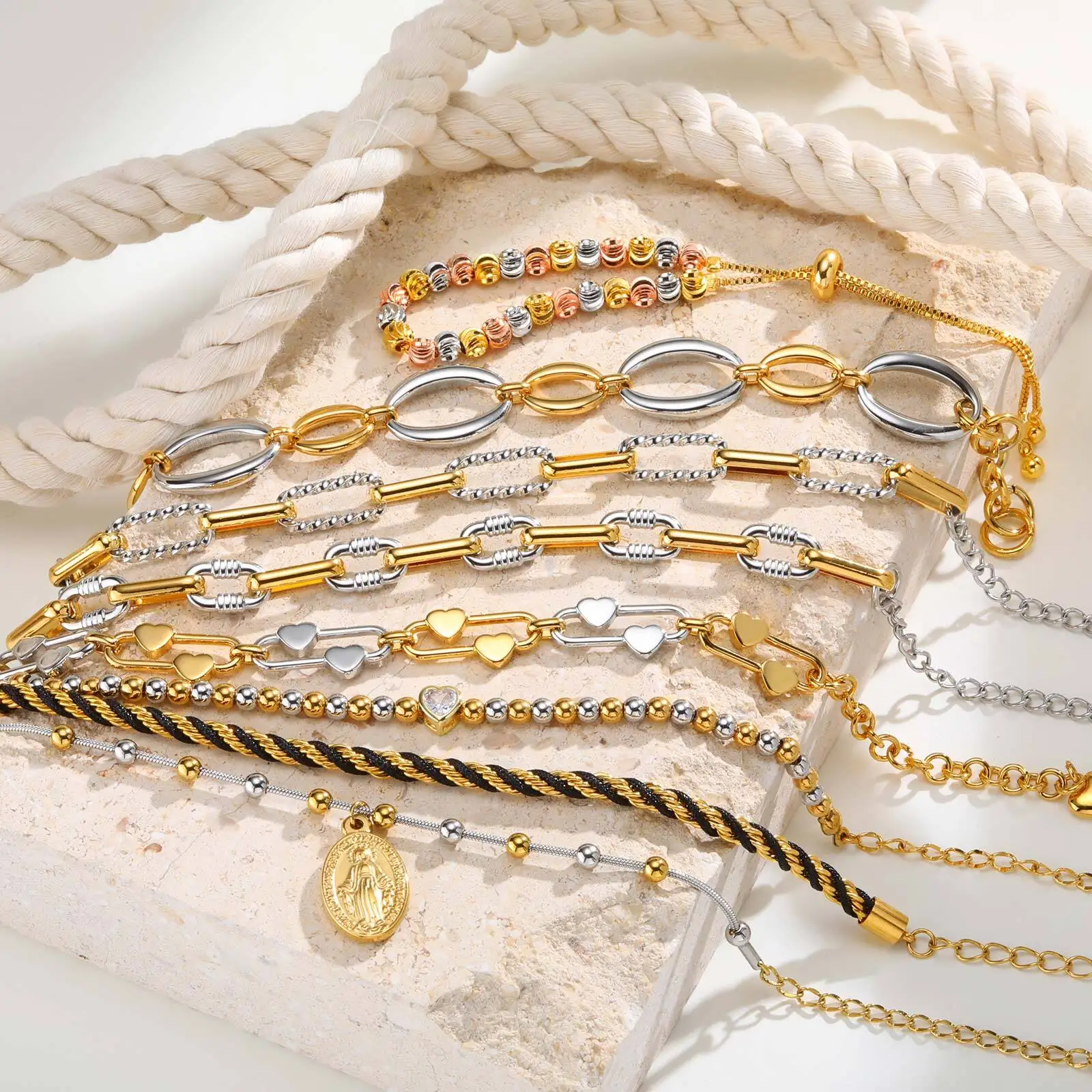 Chunky Two-Tone Mixed Metal Chain Bracelet - Stylish Adjustable Stainless Steel Waterproof Wristband
