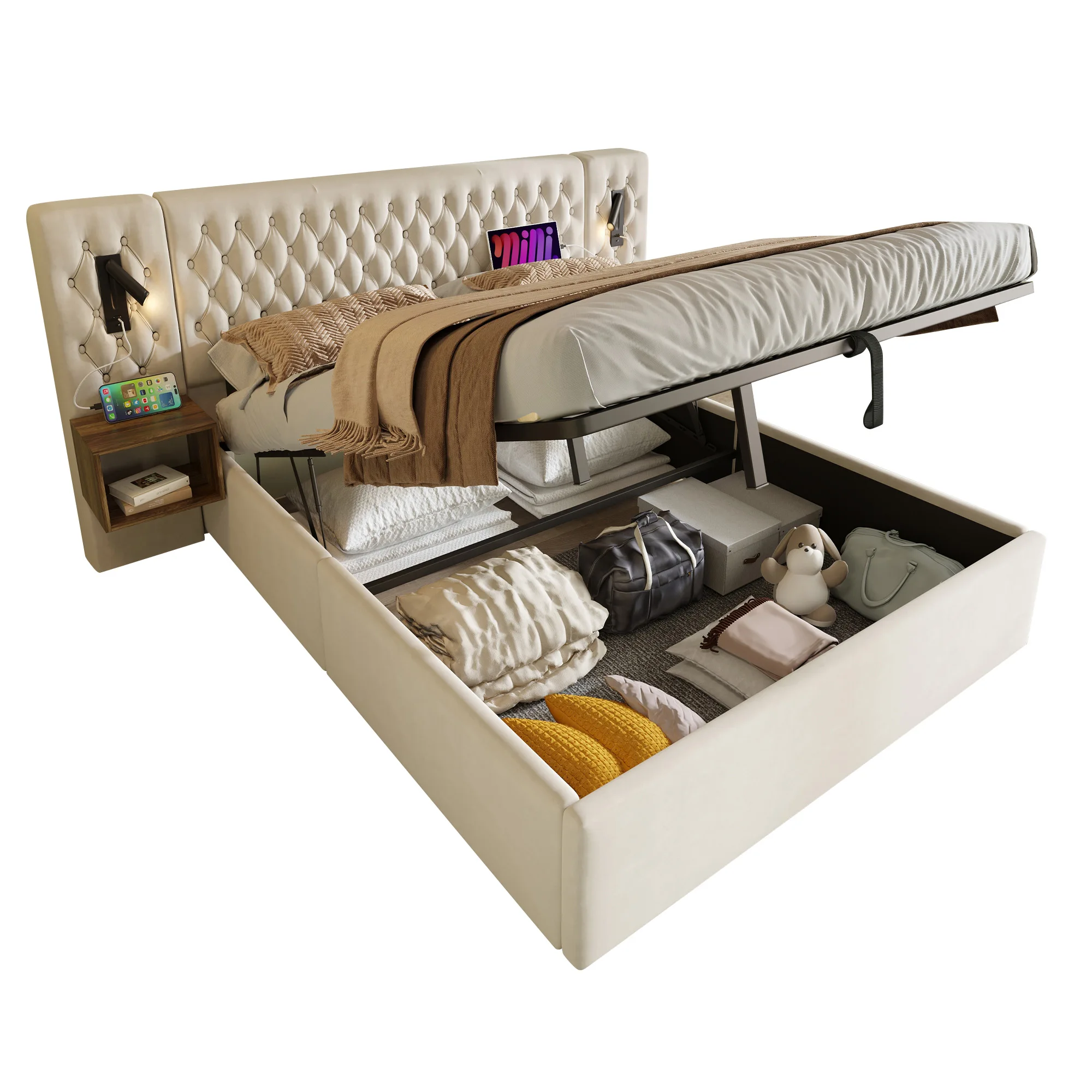 Schlafzimmer-Möbelset, Polsterbett mit hydraulischem Stauraum, Doppelbett 180x200 cm mit 2 Nachttischen, Beige Samt – Detail 7