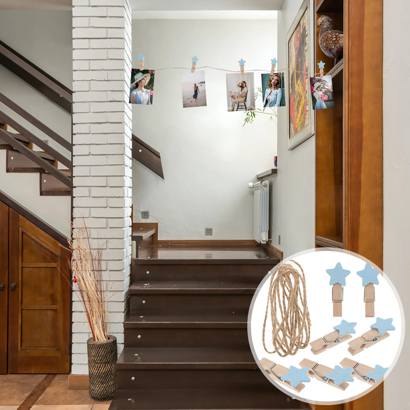 

100pcs Clothespins Wooden Craft Clips Star Paper Clip Memo Photo Clips for Crafts Pictures with Rope ( Blue ) 3 5cm