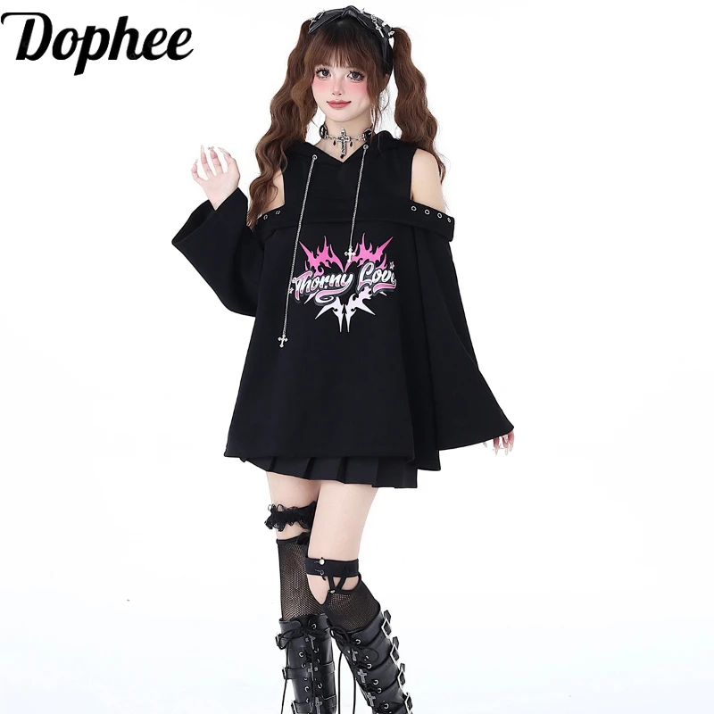 

Dophee Original Subculture Punk Rock Hooded Pullover Top Off Shoulder Long Sleeve Sweatshirt Spice Girls Y2k Spring Hoodies