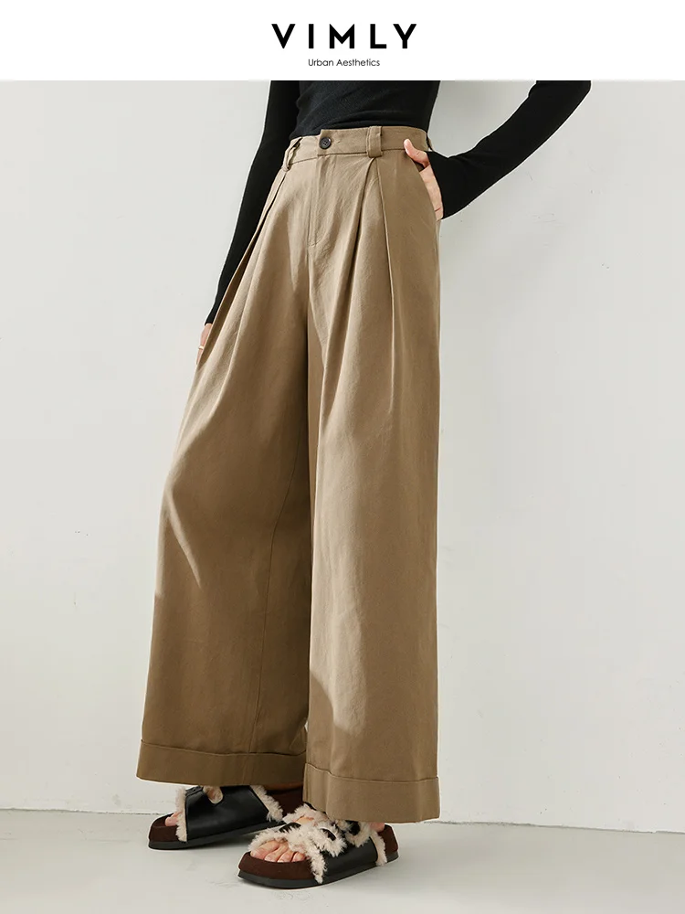 Vimly Coffee Straight Loose Pants Women 2024 Spring Full Length Wide Leg Pant Simple Casual Trousers for Office Ladies M5702