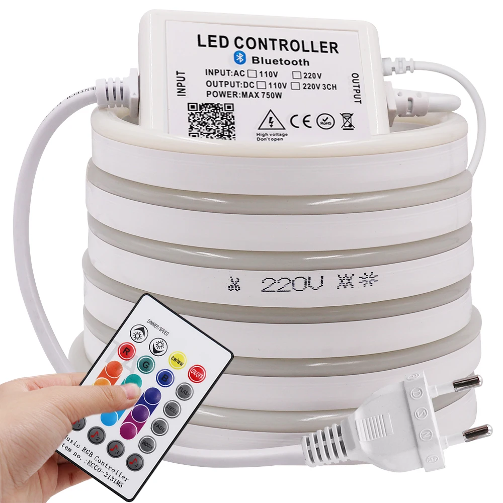 

220V RGB LED Neon Light 10x20mm Flexible RGB Strip Waterproof 5050 80LEDs/M Bluetooth Smart Remote Control Home Garden Decor