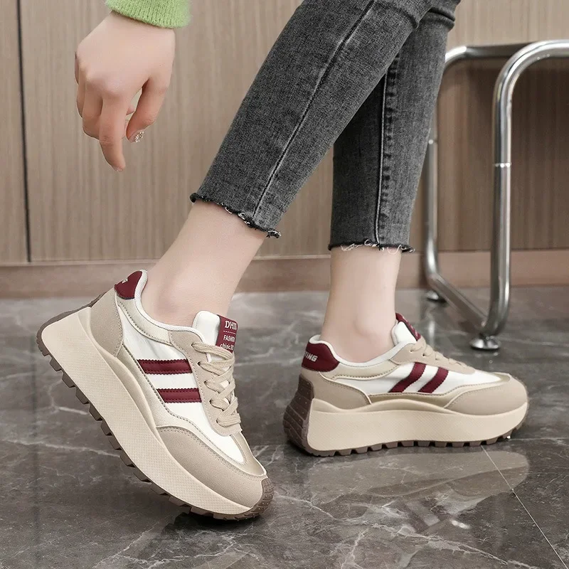 Spring Thick Bottom Women's Shoes 2024 Summer Casual Patchwork Leather Sneakers Casual Vulcanised Shoes Ladies Chaussure Femme 4