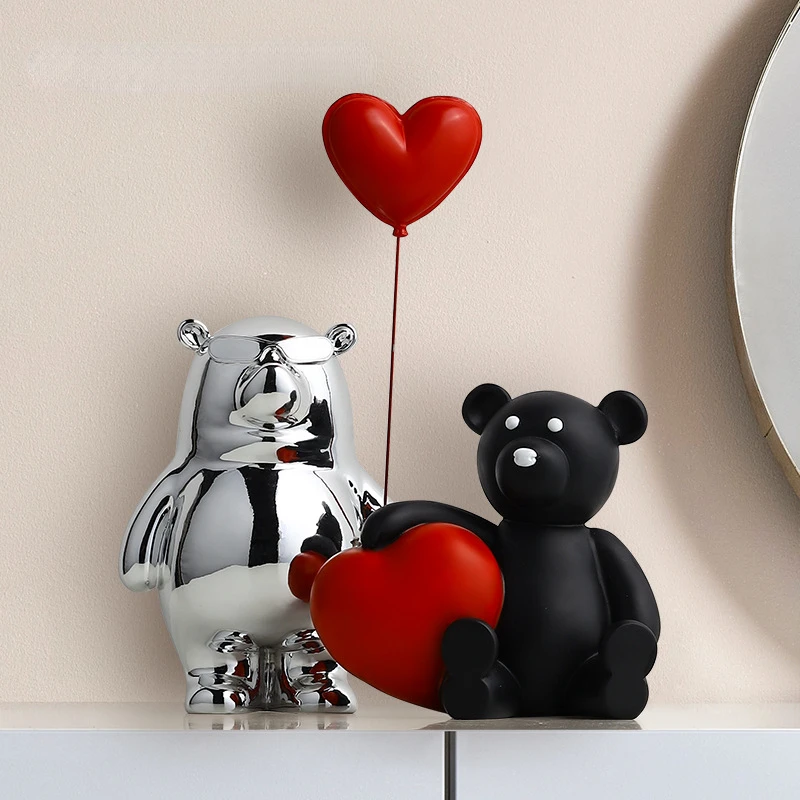 

Creative Resin Balloon Bear Statue Ornaments Home Decor Crafts Office Desk Figurines Bookcase Bear Love Sculpture Decoration