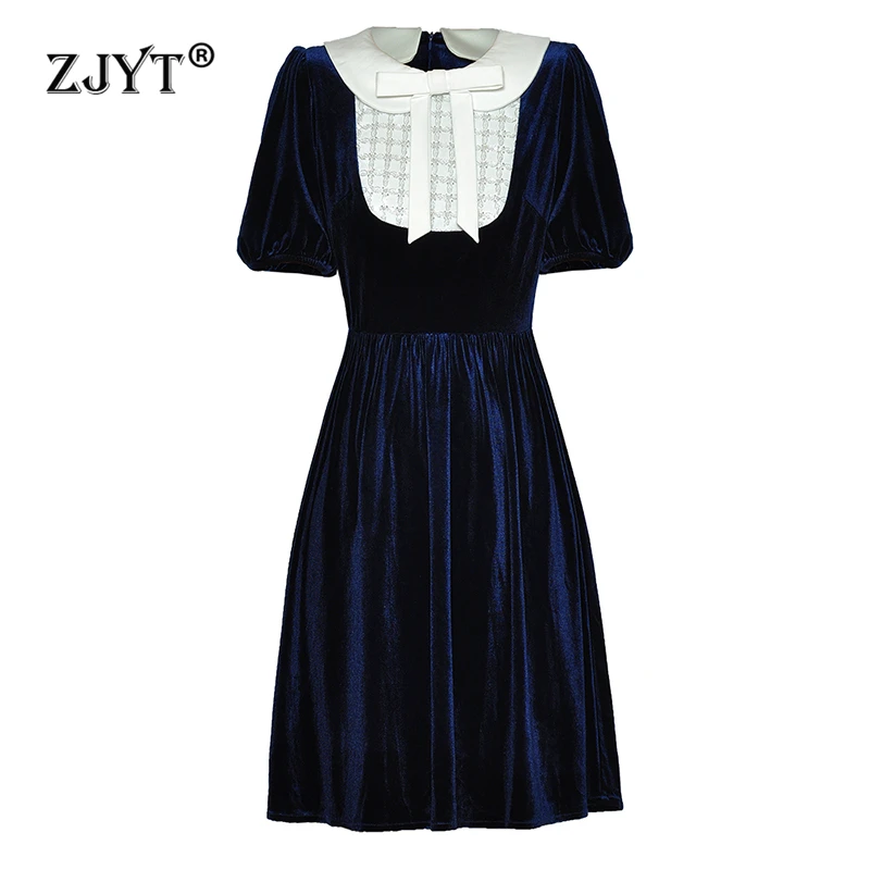 

ZJYT Peter Pan Collar Velvet Dresses for Women Beading Patchwork Vintage Blue Black Party Dress Runway Fashion Spring 2024