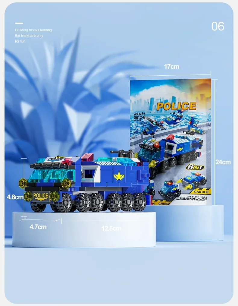 Mini size 6 In 1 Building Blocks DIY Police Car Fire Truck Castle Model Bricks Kids Educational Toys Gifts
