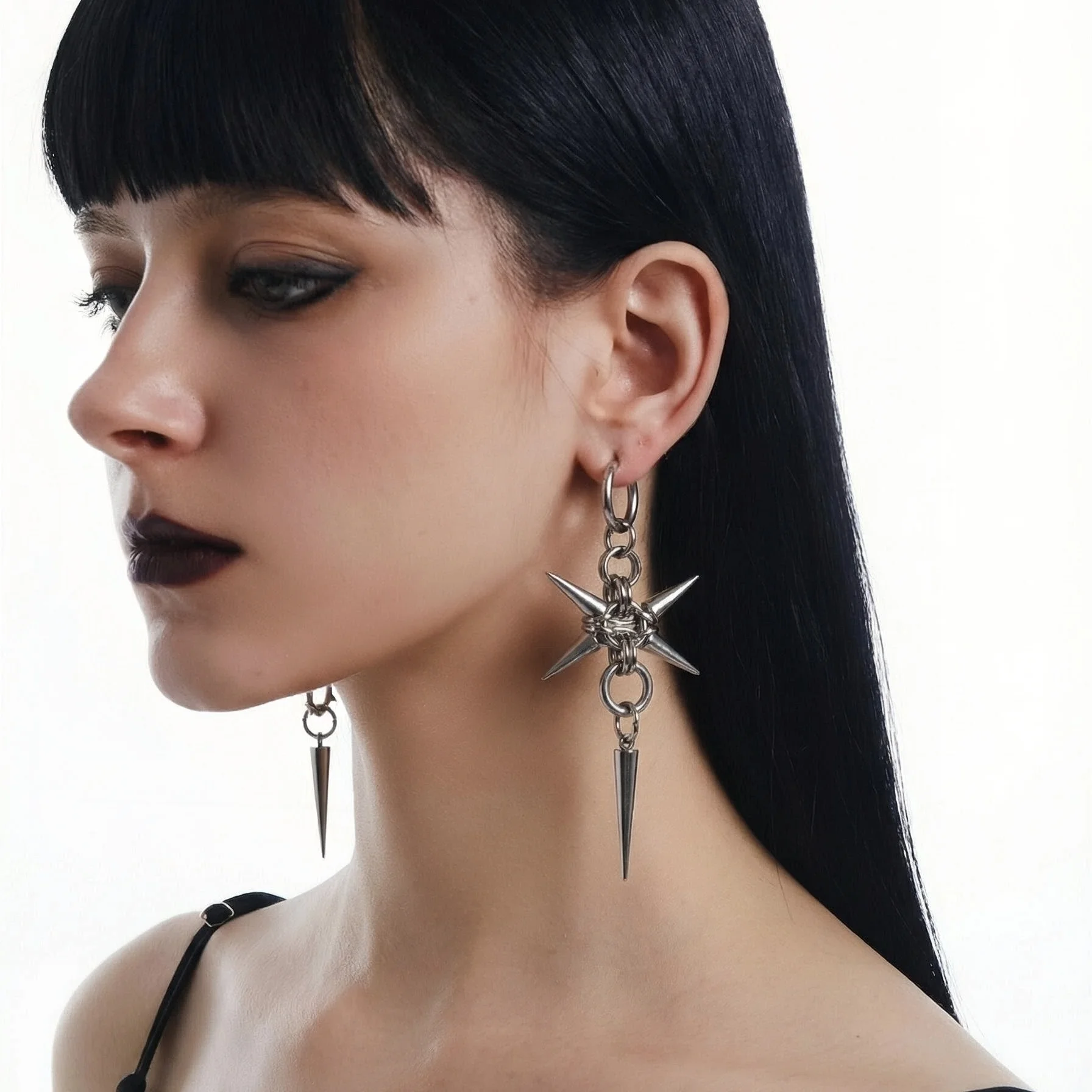 Gotische Edelstahl-Creolen mit Spikes, lange baumelnde Ohrringe, handgefertigt, Punk Y2K, Kettenhemd-Nieten-Tropfenohrringe, Rock-Schmuck