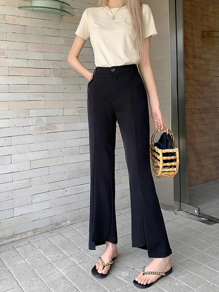 

Повседневные женские Костюмные брюки, летние прямые базовые однотонные простые брюки-клеш до щиколотки с высокой талией и разрезом