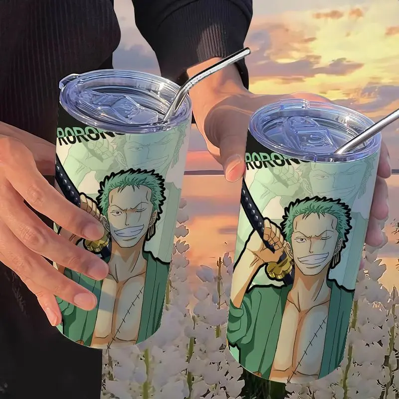 thumbnail image 1 of Botella de agua de One Piece Monkey D. Luffy Roronoa Zoro, taza de café con pajita, 420 ml, acero inoxidable, dibujos animados de anime, portátil, 1 of 5