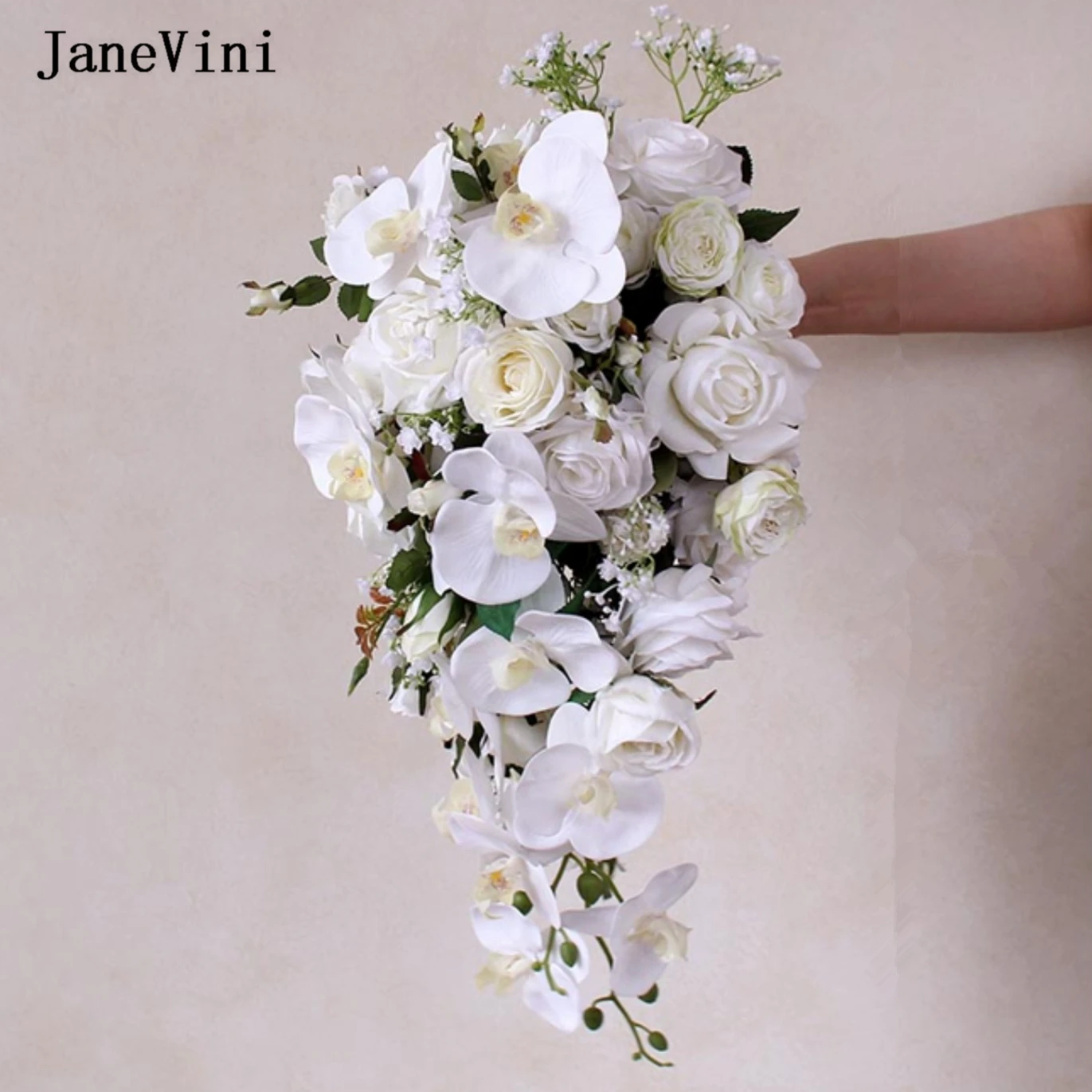 

JaneVini 2022 Elegant White Bridal Waterfall Bouquets Phalaenopsis Orchid Cascading Artificial Silk Roses Wedding Bouquet Boho