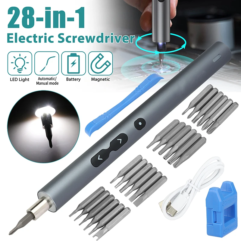 

28 In 1 Electric Magnetic Screwdriver Rechargeable Lithium Battery Portable Repair Tool W/LED Mini Bits Repair Set