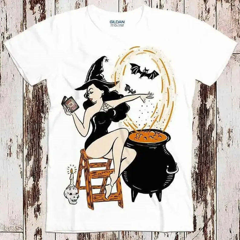 

Halloween Witch Pin Up Vintage Retro Super Cool Best Gift Top Tee T Shirt 8816