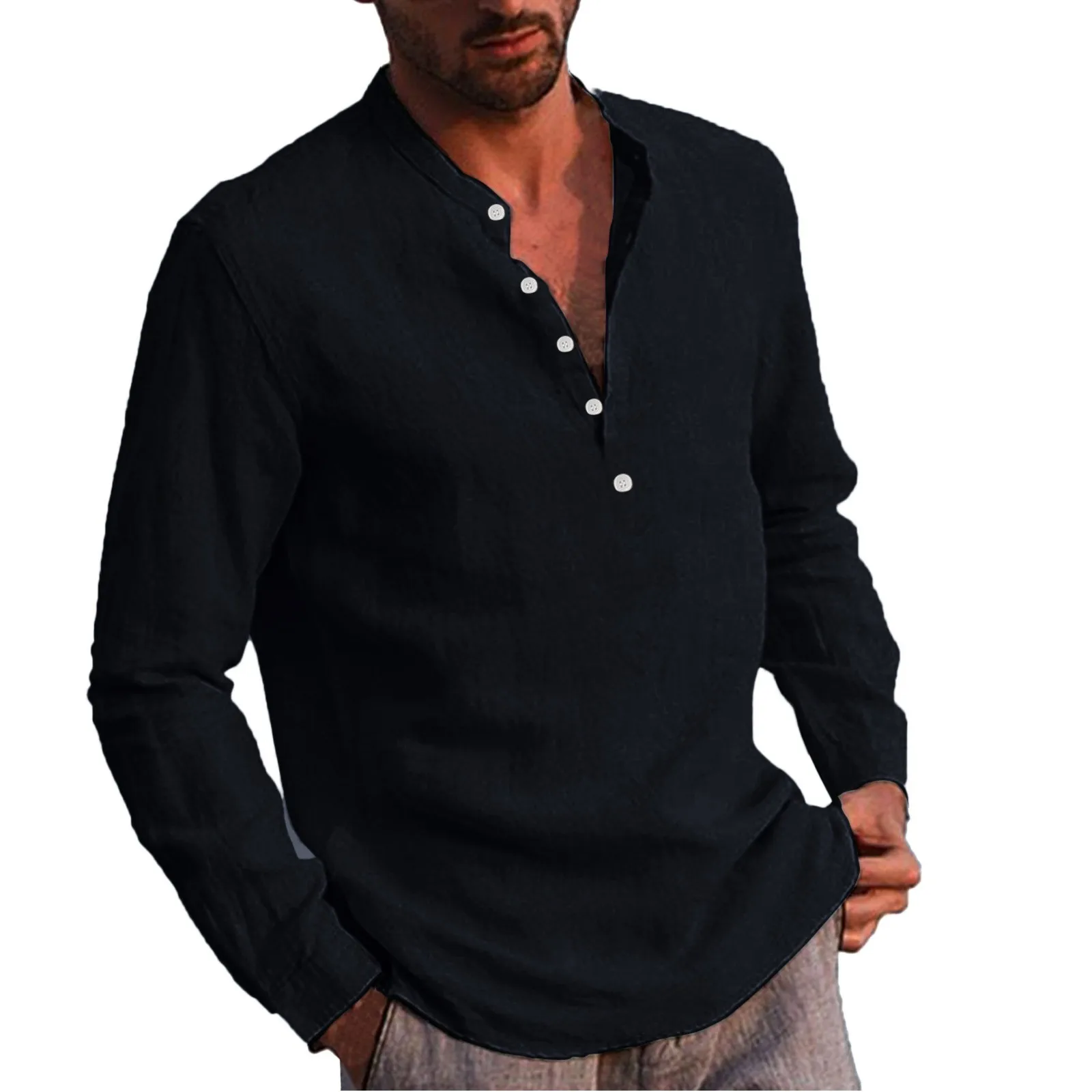 

Cotton Linen Hot Sale Men's Long-Sleeved Shirts Summer Solid Color Stand-Up Collar Casual Beach Style Plus Size Chemise Homme
