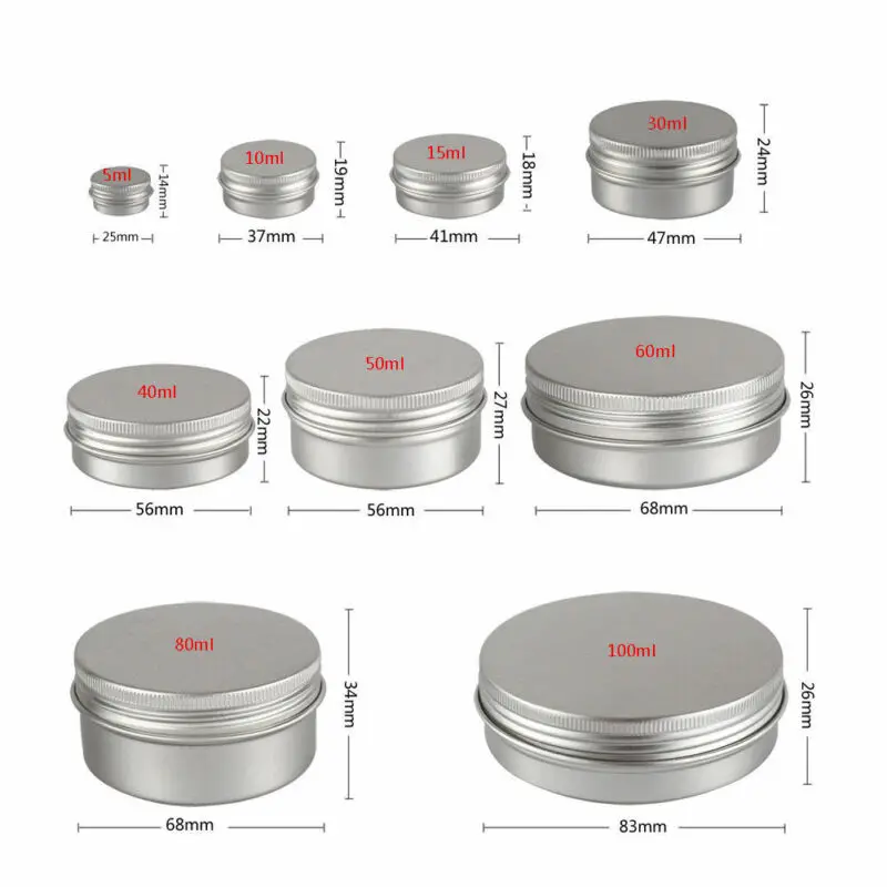 Empty Silver Aluminum Tins Cans Screw Top Round Candle Spice Tins Cans with Screw Lid Containers 5-150ml 50/10/5pcs
