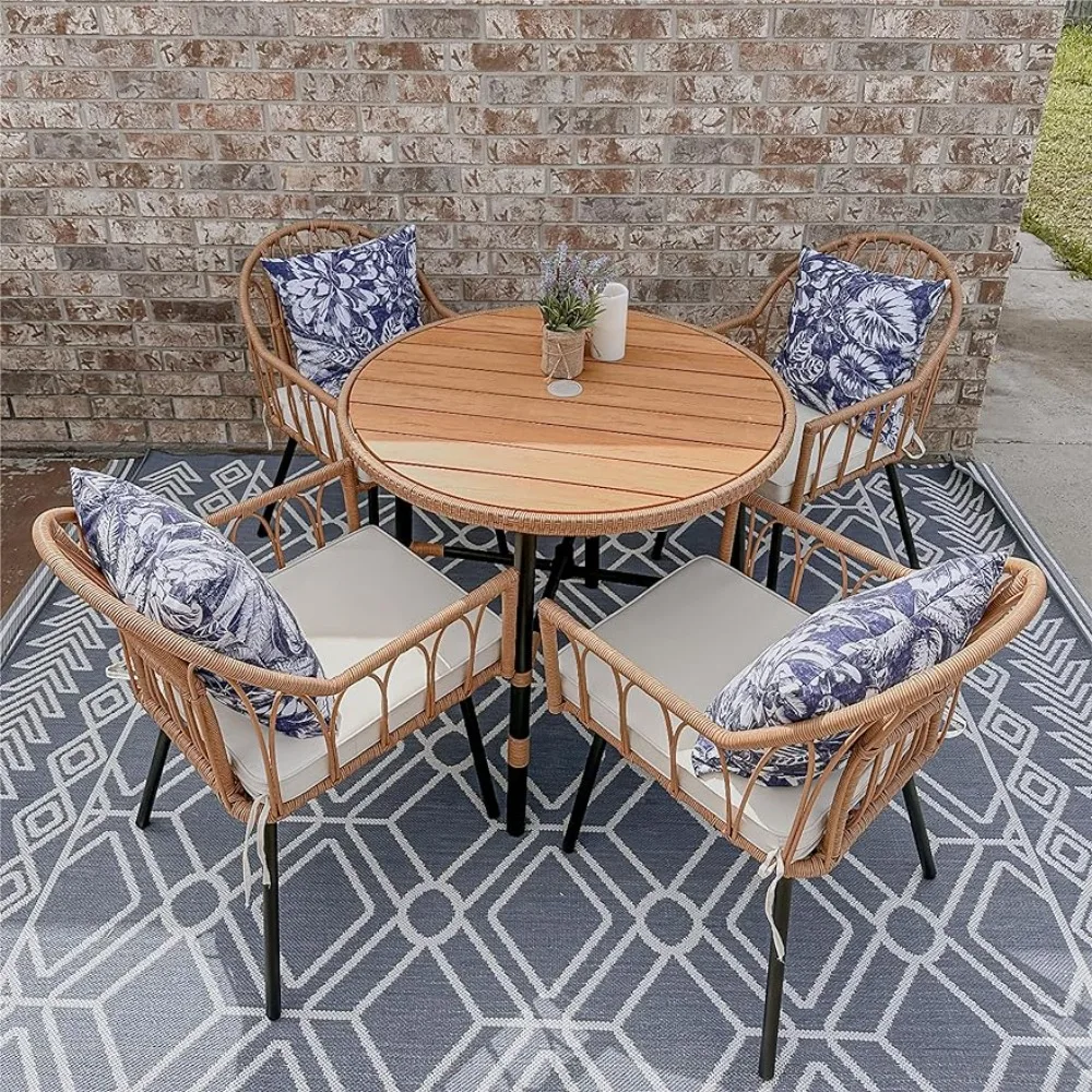 

5 Pieces Outdoor Patio Dining Table Chair Set Garden Furniture Set Balcony Backyard Garden (with Umbrella Hole) Chairs Terrace