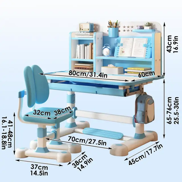 Kids Study Desk Chair Set, Height Adjustable Children School Study Table Chair Set with Sitting Corrector(Pink, Blue)