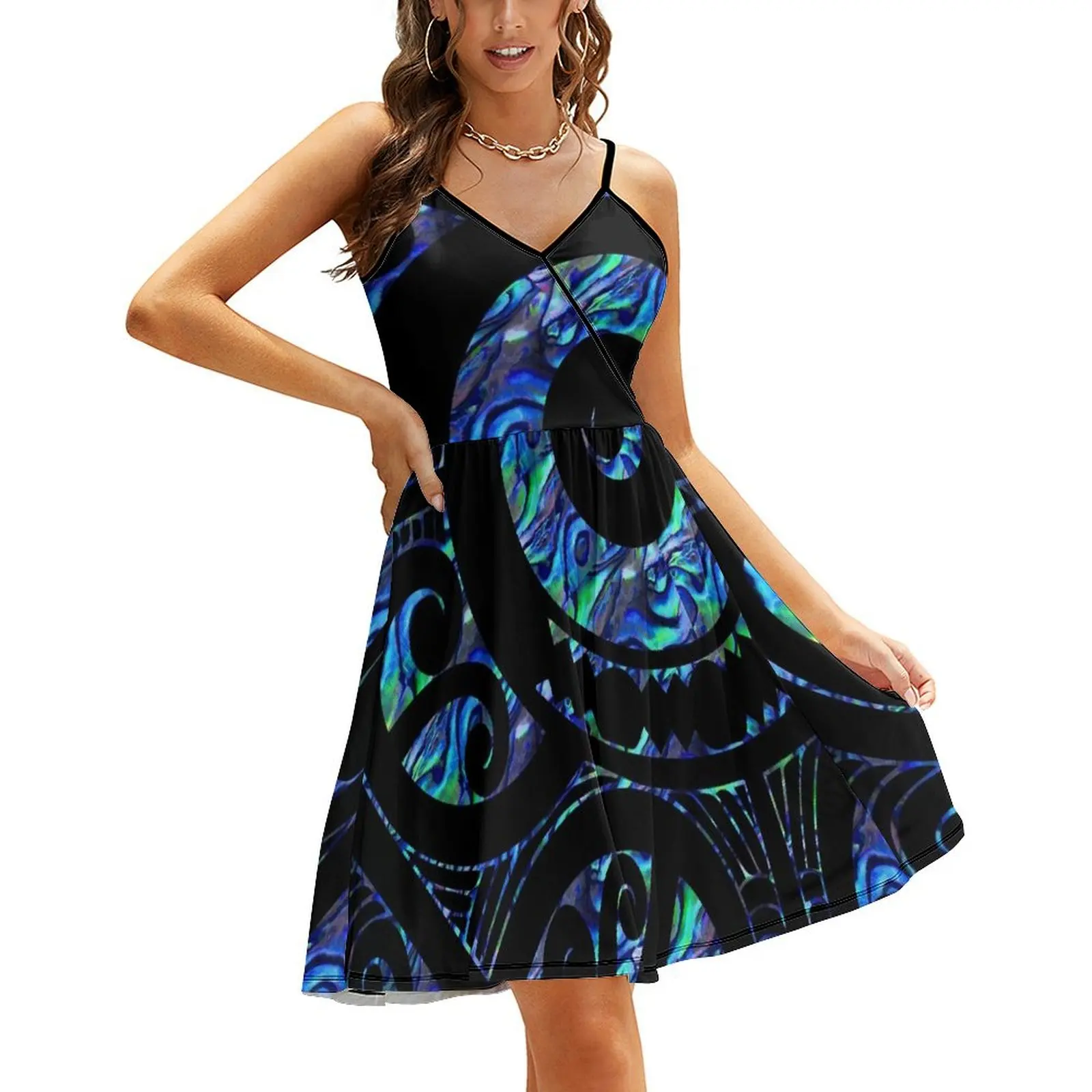 

New Zealand Māori Paua Tattoo Koru Design Sling Dress Aesthetic clothing wedding guest dress 2024 clothes for woman