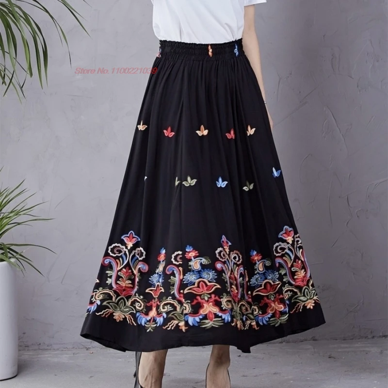 chinese vintage skirt national flower embroidery ethnic skirt retro elastic waist a-line traditional folk dance
