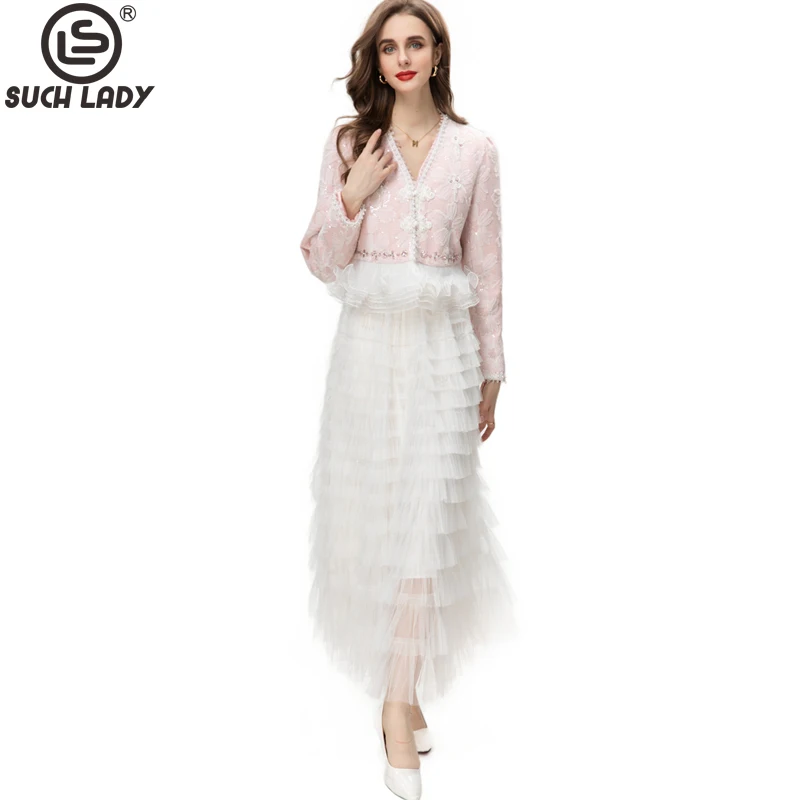 

Women's Runway Designer Two Piece Dress V Neck Long Sleeves Appliques Beaded Blouse with Tiered Ruffles Skirt Twinsets