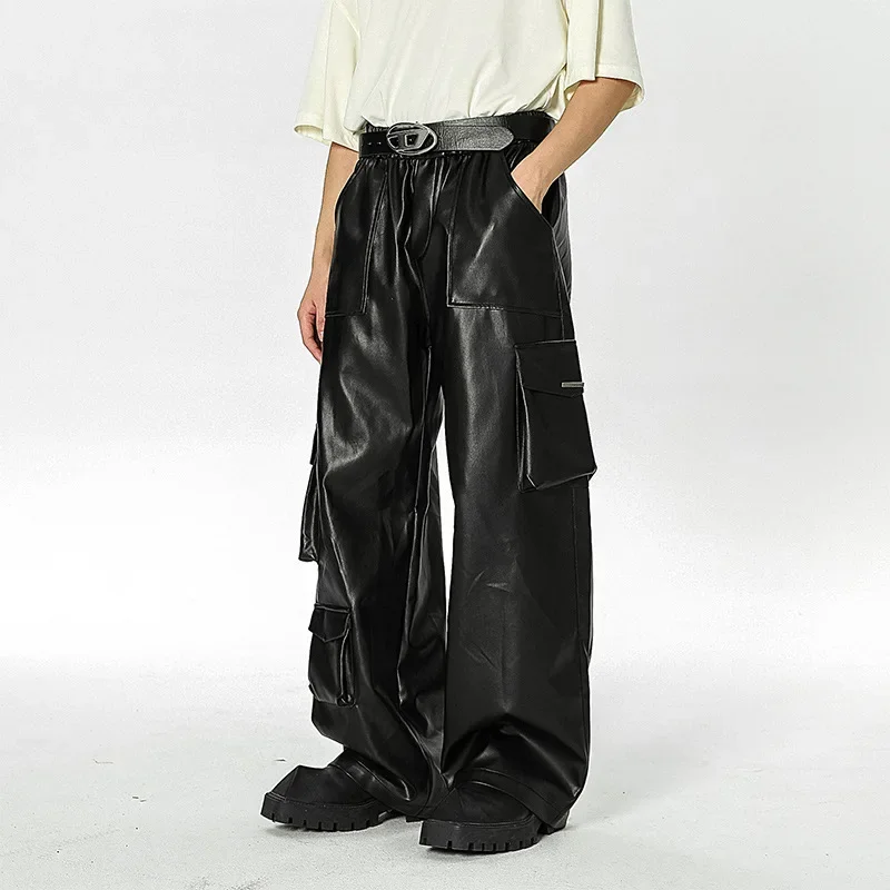 Oldschool West Coast American Style Multi-pocket Cargo Pants Casual Hip Hop Blast Street Pants Trendy Punk Leather Trousers men trousers,leather pants