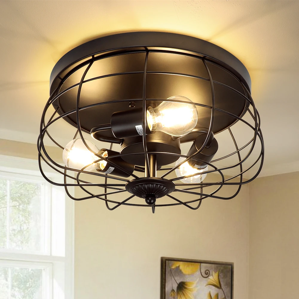 

Depuley 15" 3-Light Industrial Flush Mount Ceiling Light Vintage Mate Black Cage Light for Kitchen Hallway Living Bedroom E26