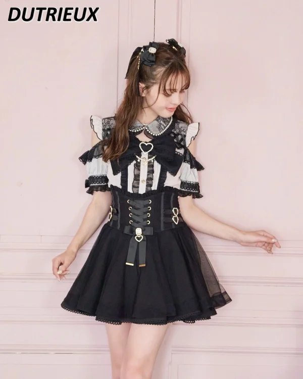Mine Japanese Style Mass-Produced New Sweet High Waist Knotted Short Skirt Slimming Covering Mesh Belt Buckle A-line Mini Skirts