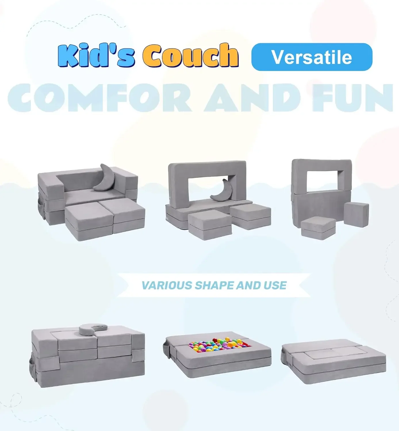 Modular Kids Sofa,Toddler Couch Foam Armchair for Kids, Children Convertible Plush Sofa Play Set,Fold Out Sofa Bed(Grey)