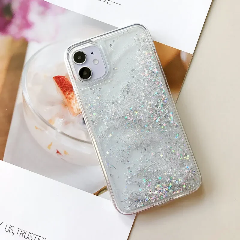 Bright Silver Star Sand Sabbie Mobili Per Iphone 13 14 Custodia Cover Ipone 11 12 Pro Max 15 Plus Carcasa Donna Glitter Phone Coque Capa