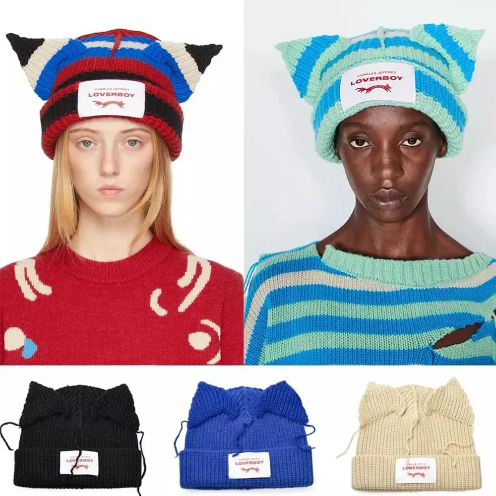 Winter Skullies Cute Women Long Ears Fox Hat Lover Hooded Cap Crochet Knitted Costume Beanie Hats Women Christmas Gift Hip-hop