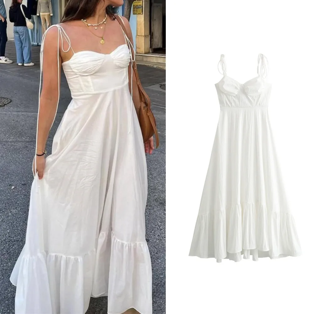 

BSK&TRAF Women's 2024 Summer New European and American High Waist Layered Decoration Slim Mid-Length Style Suspender Skirt