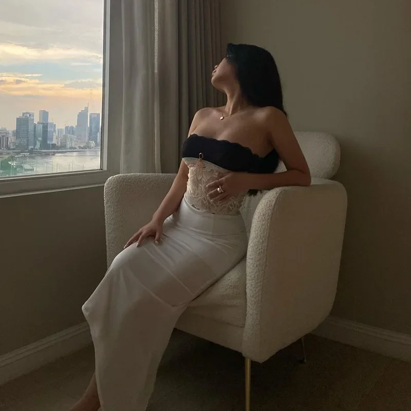 Halter Lace See-Through Crop Top Ruffled Contrast Tank Top - Y2K Fashion Patchwork Strapless Sexy Contrast Cropped Top