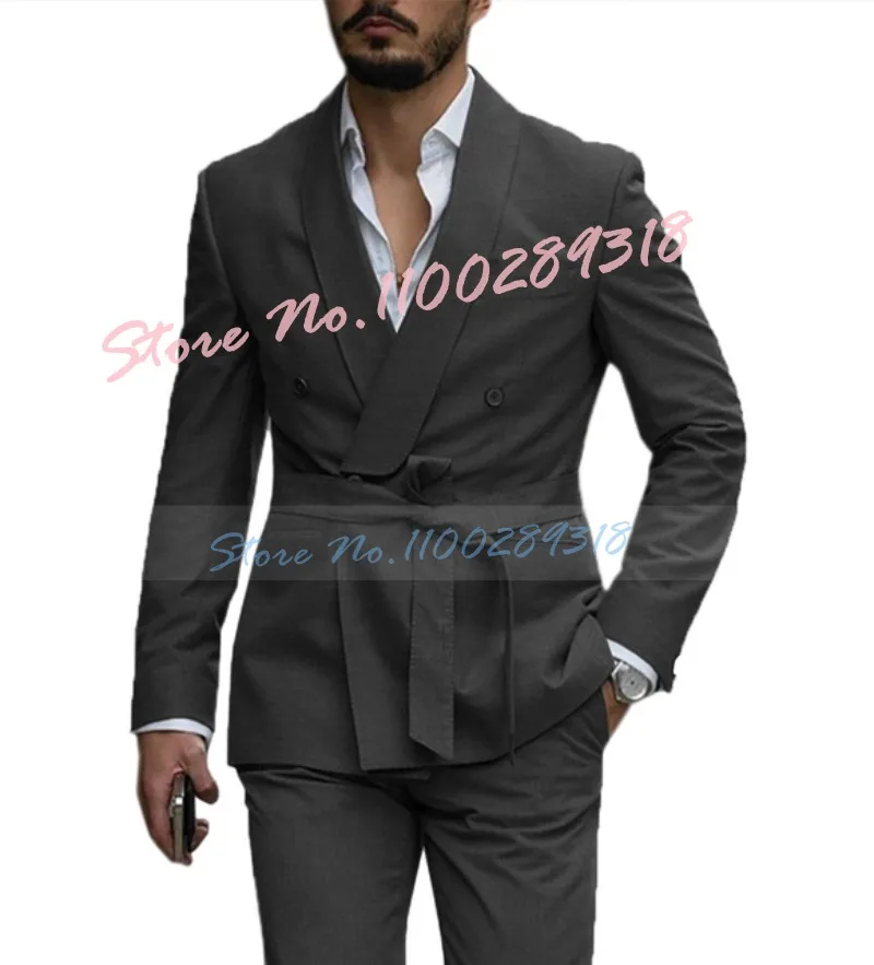 New Arrival Men Suits With Belt Shawl Lapel Wedding Prom Terno Masculino Slim Fit Groom Blazer Costume Homme 2 PCS(Jacket+Pants)
