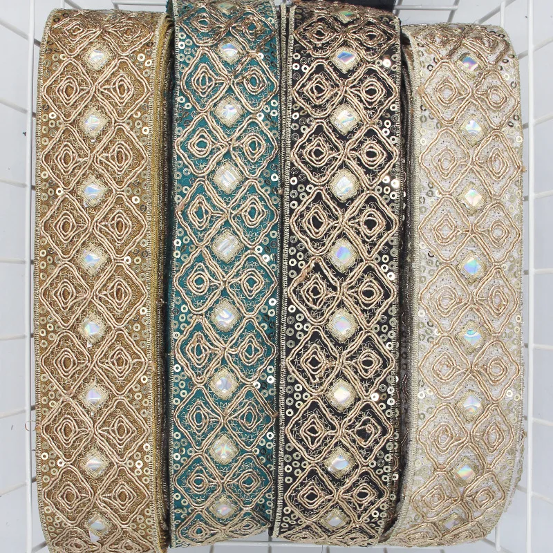 10Yards Rhinestone Diamond Sequined Ribbon Ethnic Embroidered Lace Webbing For DIY Sewing Trims Clothing Accessories