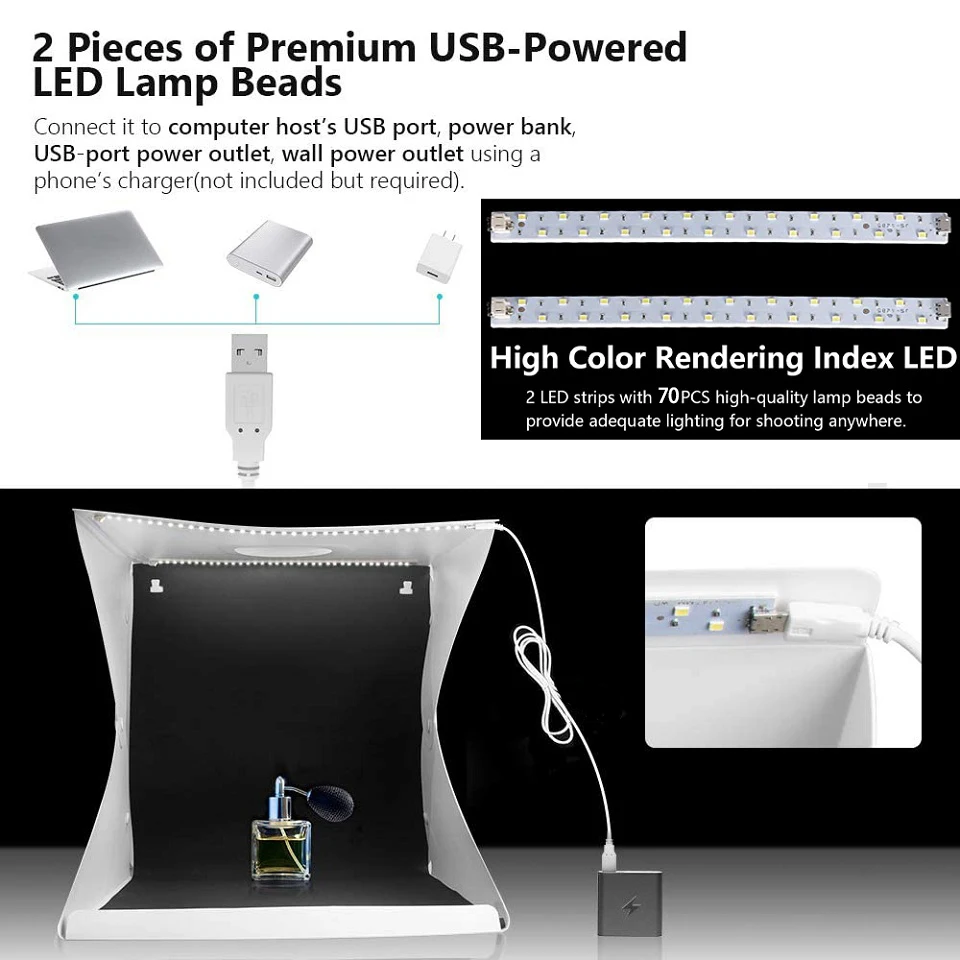 Photo Studio Light Tent 16"x16" Photo Studio Light Box Portable Folding Shooting Tent Box Kit MINI LED Tabletop Photography Softbox Backdrops Background