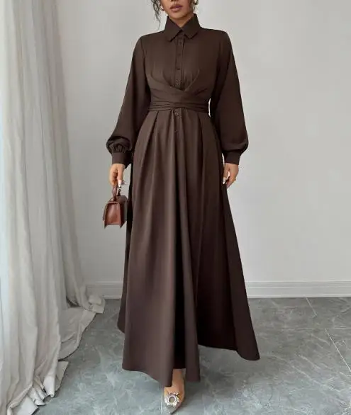 Abito a maniche lunghe abbottonato semplice e alla moda per abbigliamento da donna Autunno e inverno Nuovi abiti maxi eleganti a vita alta femminili 2