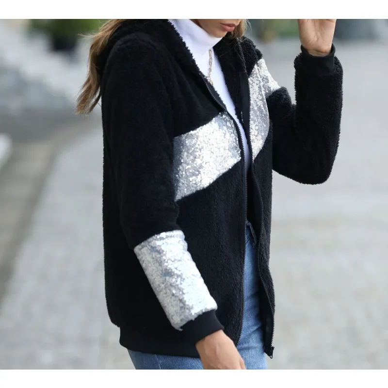 New Women's Casual Hooded Long Sleeved Sequin Patchwork Jacket