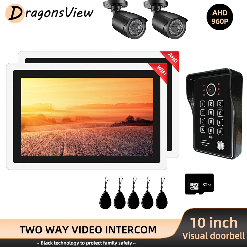 video entry system DragonsView Wifi Intercom Video Door Phone Doorbell IR 10 Inch 2 Monitors 2 CCTV Camera RFID Unlock Door Access Motion Detection door intercom system