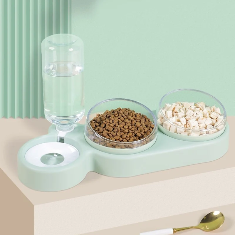 Anti-Tip Double Cat Bowl with Drinking Fountain - Large Diameter, Durable PP+PC Material