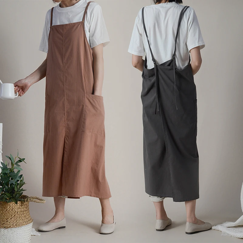 Japanese Women's Cotton Linen Apron Waterproof Adjustable Korean Harajuku Apron Simple Artistic Solid Color Work Aprons Pocket japanese style cotton linen apron retro solid color strap pinafore with pocket practical household product