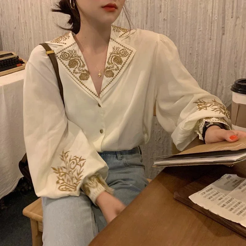 

LKSK Satin Blouse for Women, Korean Court Style, Heavy Embroidery, Lantern Sleeve Tops, Plus Size
