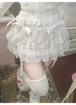 Y2k Lace Sweet Girl Korea Summer Skirts Women Clothes White MIni Skirt High waist Loose Grunge Kawaii Cute A-line Fluffy Skirt 1
