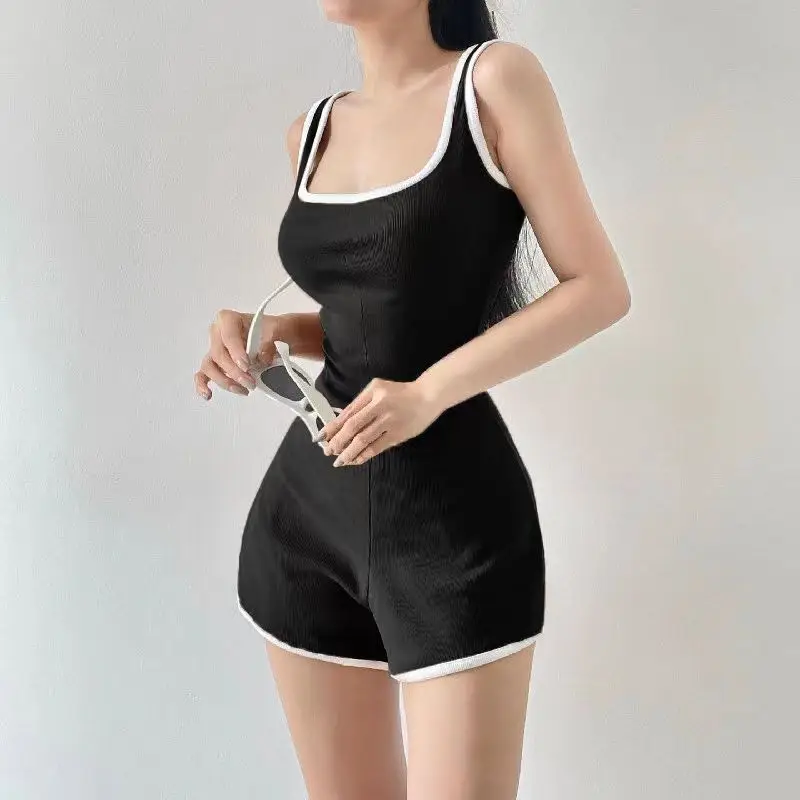 

Ribbed Knitted Summer Rompers Womens Sleeveless Jumpsuits Biker Shorts Black Sexy Bodycon Bodysuit Women Playsuit