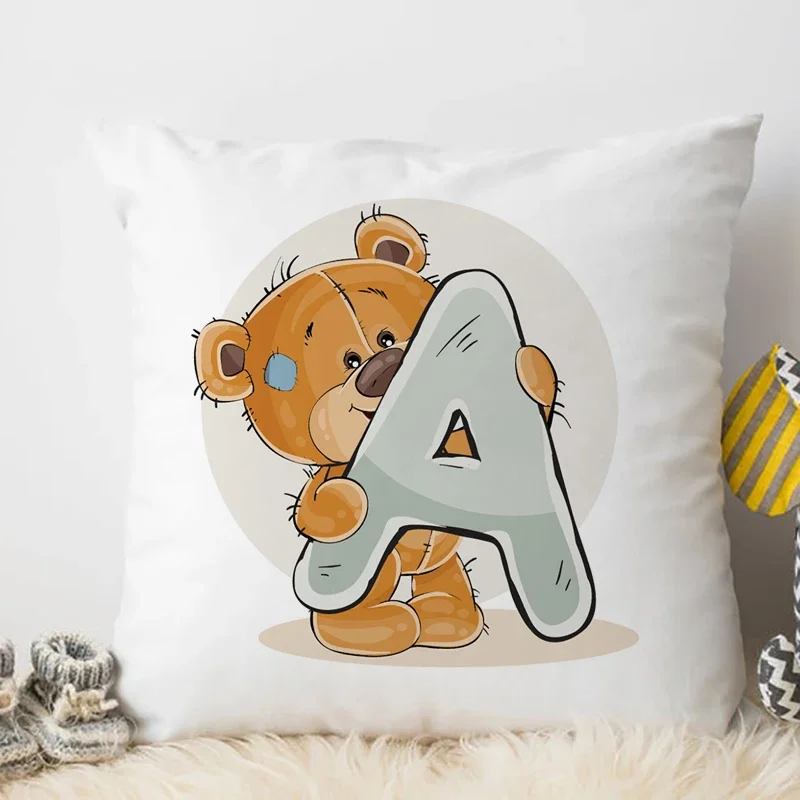 Cute Cartoon Animal Cushion Cover for Children Room Water Color A-P English Letter Print Pillow Case Soft Pillowcase 45x45cm
