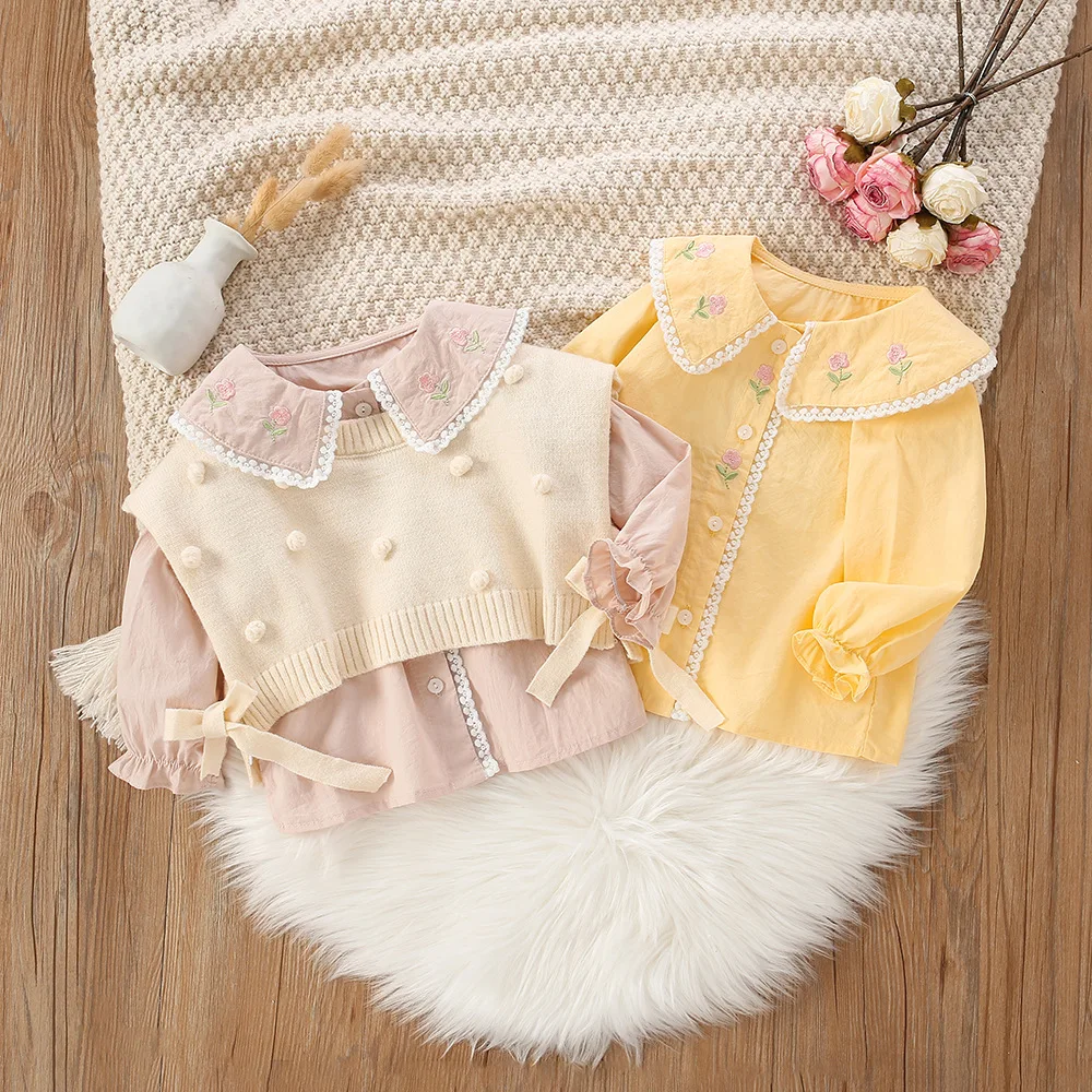 

Kids Girls Spring Shirts Sets Embroidery Flower Long Sleeve Soft T-shirt+Solid Cute Pullover Knittign Vest 2pcs Children Clothes