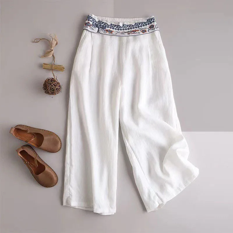 Chinese Style Cotton and Linen Embroidery Minimalist Casual Women's 2024 Summer New Patchwork Comfortable Straight Leg Pants