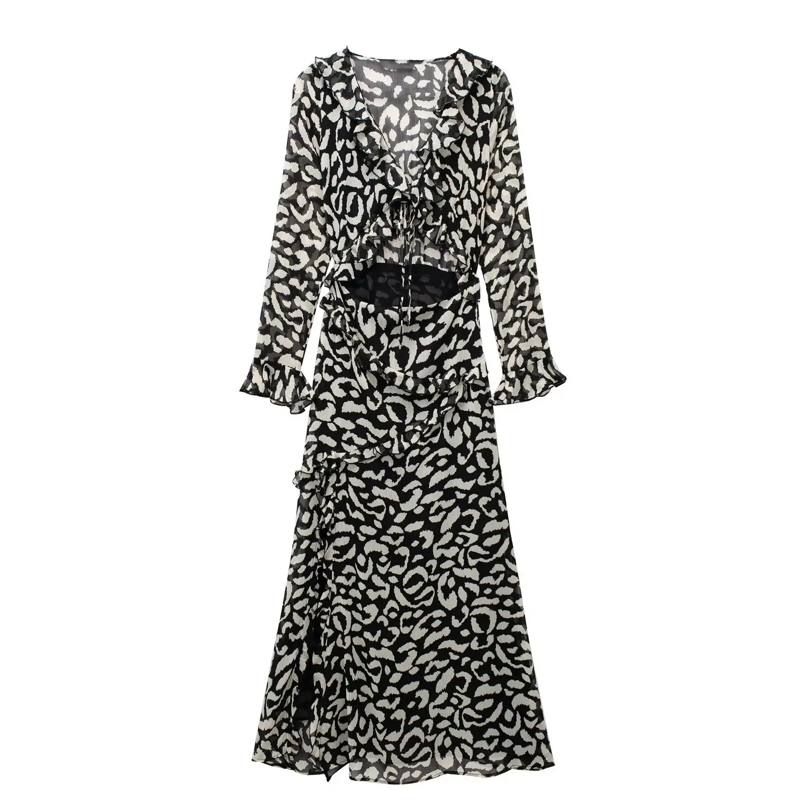 

TRAF Women Fashion V Neck Animal Texture Print Pleat Ruffles Front Cut Off Midi Dress Female Chic Split Party Vestidos