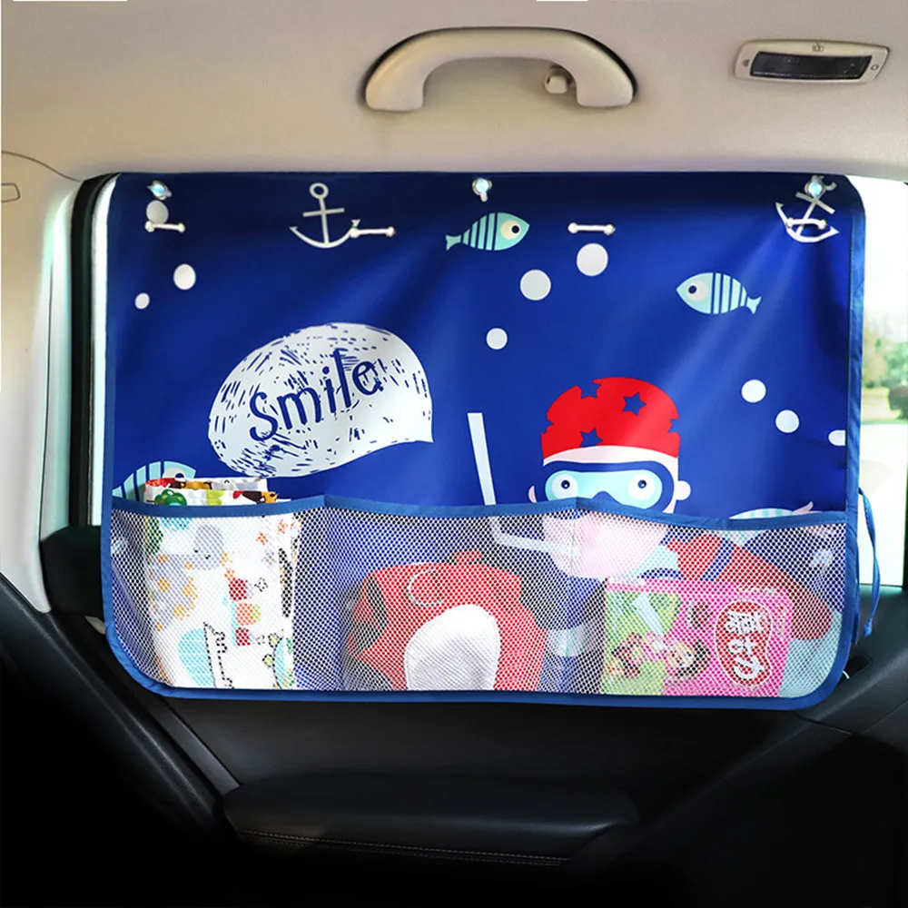 Car sunshade with net pocket, multifunctional storage sunscreen storage bag, cartoon car, suction cup curtain