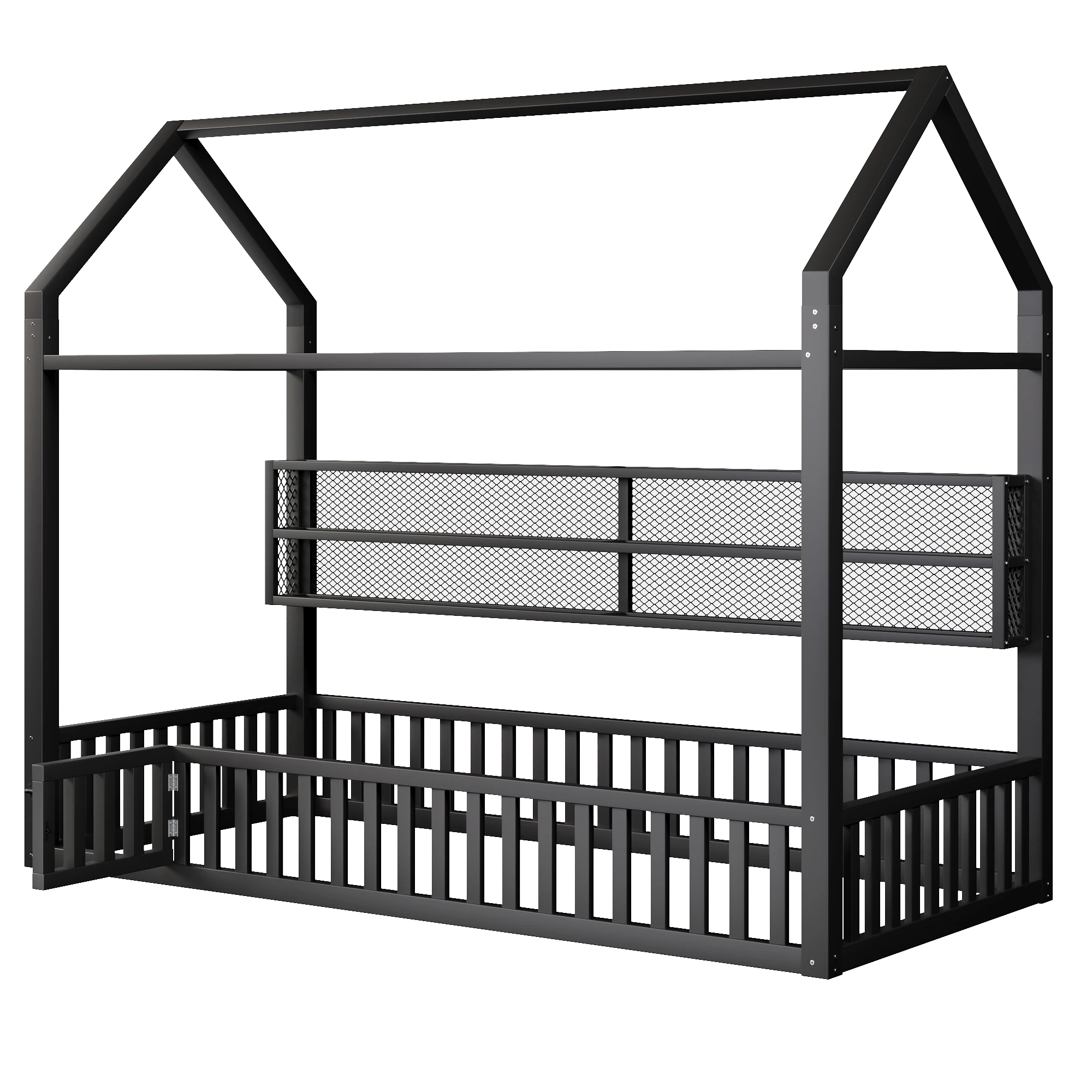 90x200 Hausförmiges Plattformbett mit Zaun und LED-Beleuchtung, schwarz – Detail 7